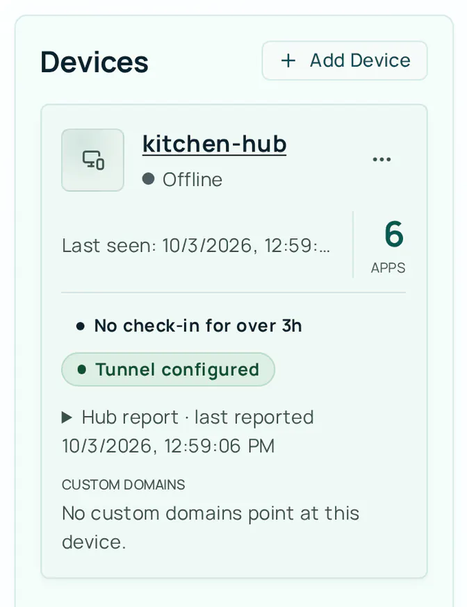 The Devices panel for the same Hub after five hours without a check-in. The card shows Offline and a No check-in for over 3h badge next to the Tunnel configured badge, and the Hub report is collapsed.