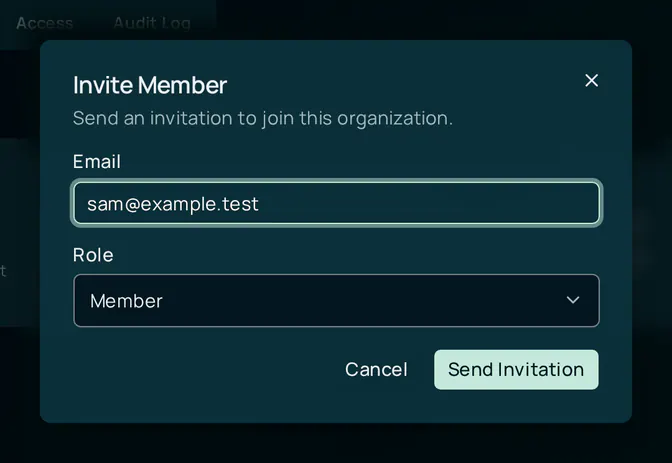 The Invite Member dialog with an Email field holding sam@example.test and a Role list set to Member, with Cancel and Send Invitation buttons.