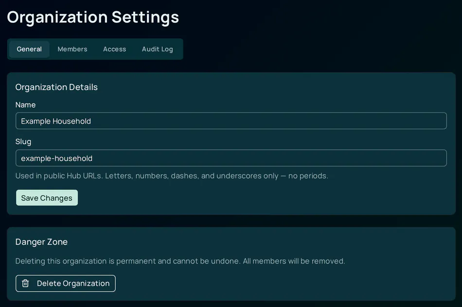 Organization Settings with the General tab selected. The tab strip shows General, Members, Access, and Audit Log. Organization Details holds the name and slug fields with a Save Changes button, and a Danger Zone card has a Delete Organization button.