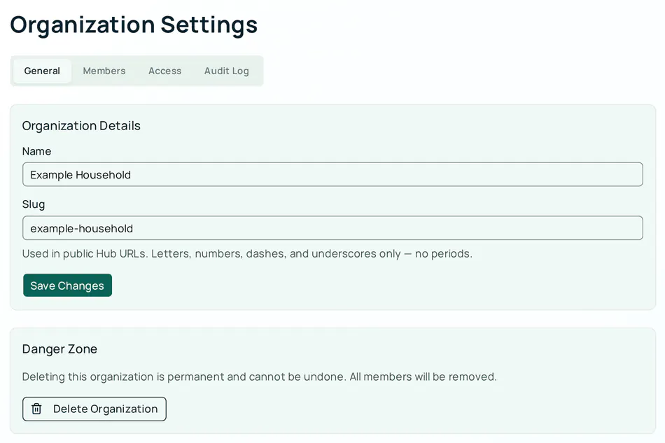 Organization Settings with the General tab selected. The tab strip shows General, Members, Access, and Audit Log. Organization Details holds the name and slug fields with a Save Changes button, and a Danger Zone card has a Delete Organization button.
