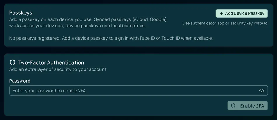 User settings, General tab. The Passkeys card describes synced and device passkeys and has an Add Device Passkey button and a Use authenticator app or security key instead link. The Two-Factor Authentication card below it has a password field and an Enable 2FA button.