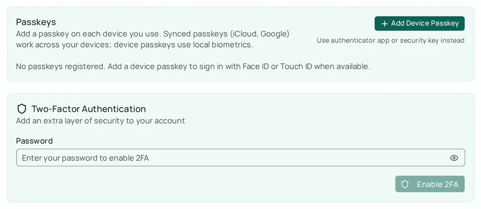 User settings, General tab. The Passkeys card describes synced and device passkeys and has an Add Device Passkey button and a Use authenticator app or security key instead link. The Two-Factor Authentication card below it has a password field and an Enable 2FA button.