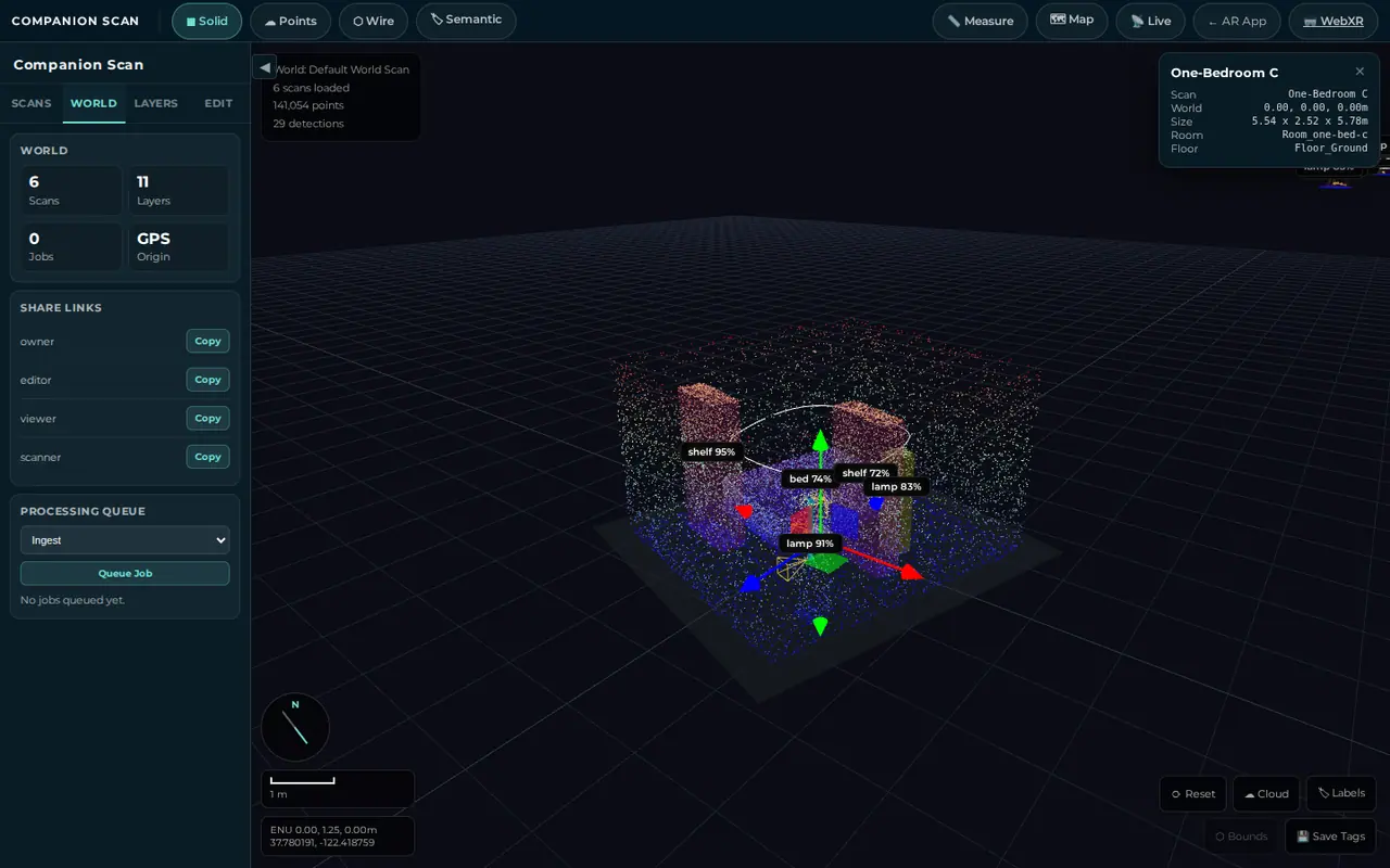 World tab of the editor with stats for six scans, eleven layers, and zero jobs, owner, editor, viewer, and scanner share links with Copy buttons, and a processing queue with a job type picker and a Queue Job button