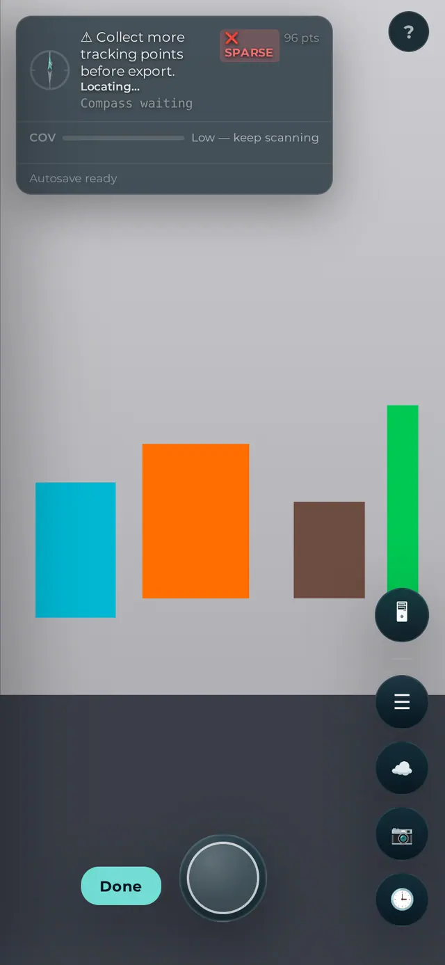 Companion Scan scanning HUD on a phone with a Collect more tracking points warning, a Sparse verdict chip, a coverage bar reading Low keep scanning, a Done button beside the capture button, and an action rail on the right