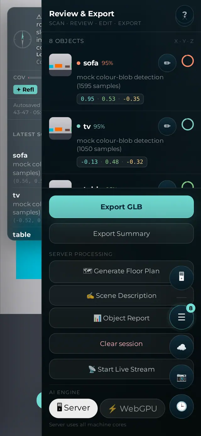 Review and Export panel with detected objects as cards, an Export GLB button, an Export Summary button, server processing actions for a floor plan, a scene description, and an object report, and a Server or WebGPU engine switch