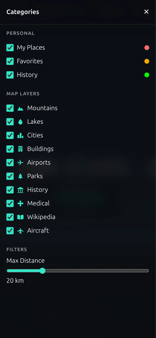 Categories drawer with Personal toggles for My Places, Favorites, and History, map layer toggles for Mountains, Lakes, Cities, Buildings, Airports, Parks, History, Medical, Wikipedia, and Aircraft, and a Max Distance slider set to 20 km