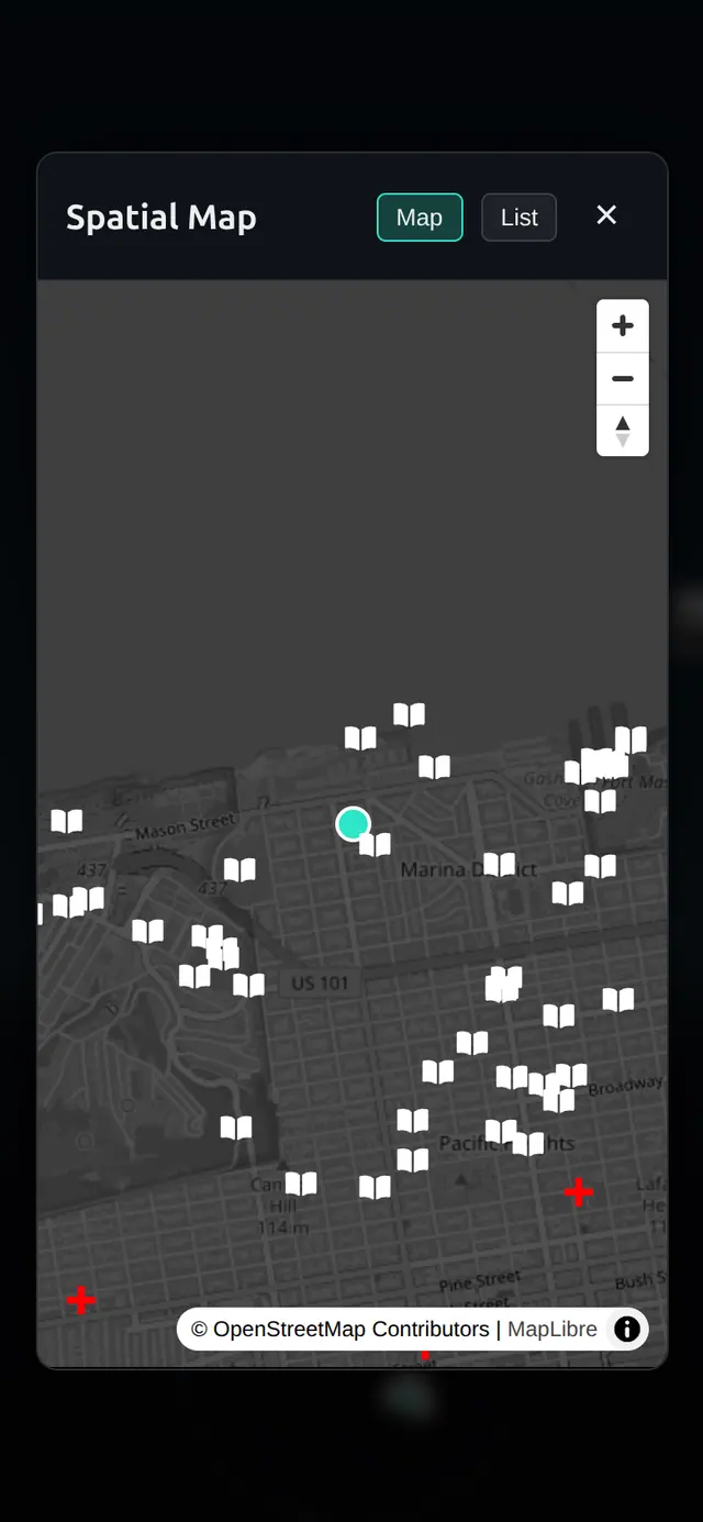 Spatial Map dialog with Map and List toggle buttons, a dark OpenStreetMap map of a city waterfront with a teal marker for your position and book icons for Wikipedia places