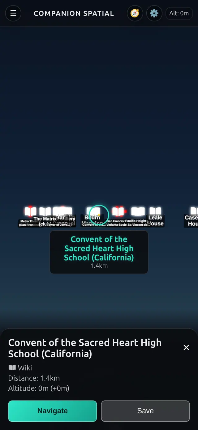 Companion Spatial AR view with a place card at the bottom showing the place name, a Wiki label, distance, altitude, and Navigate and Save buttons