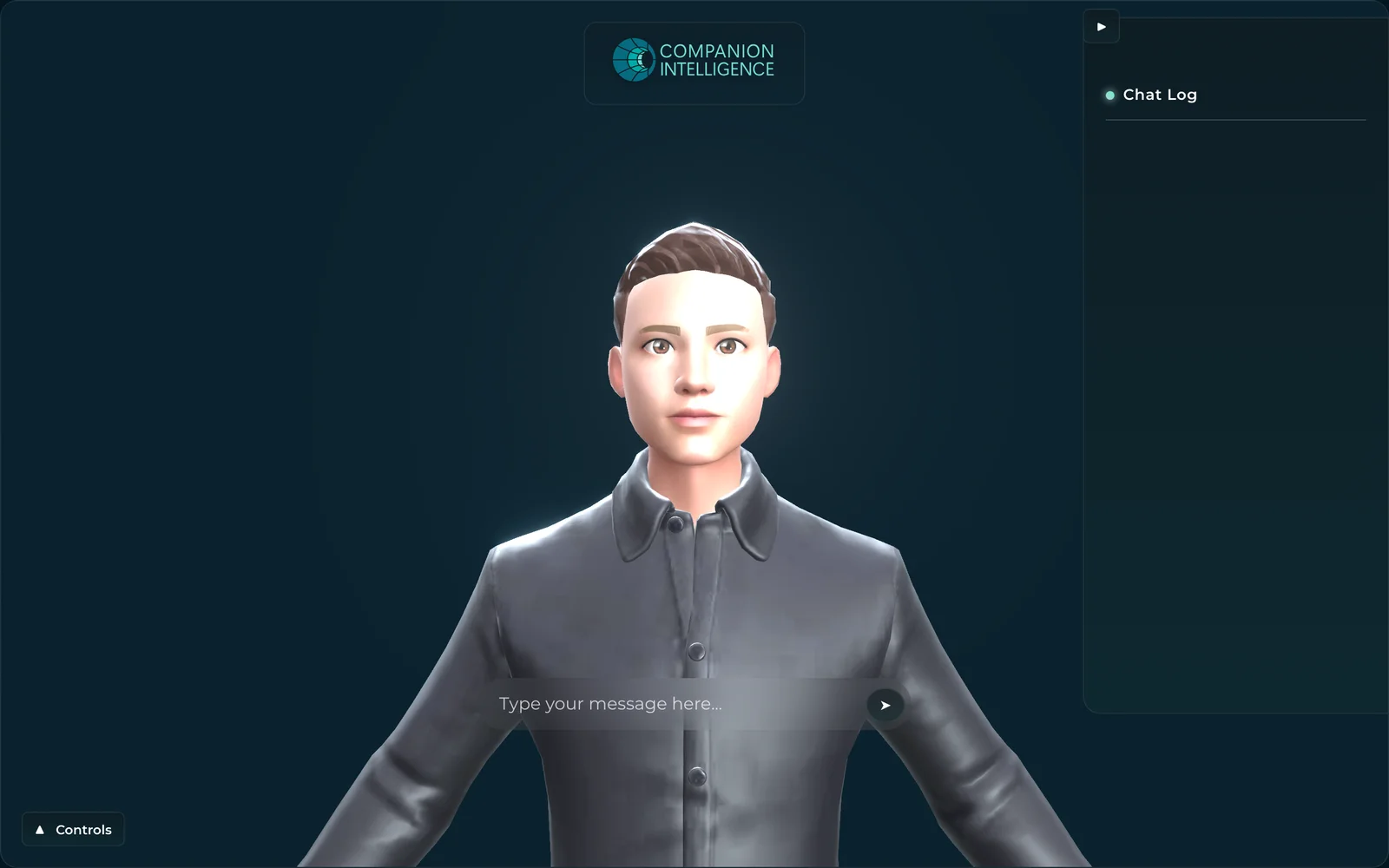 CI-Spatial-Companion-WebXR with controls collapsed in dark mode — the 3D avatar with a 'Type your message here…' text-entry bar and a Controls toggle in the corner